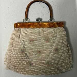 Vintage Lumured Corde Bead Rose Flower Beaded Bag inside needs real TLC